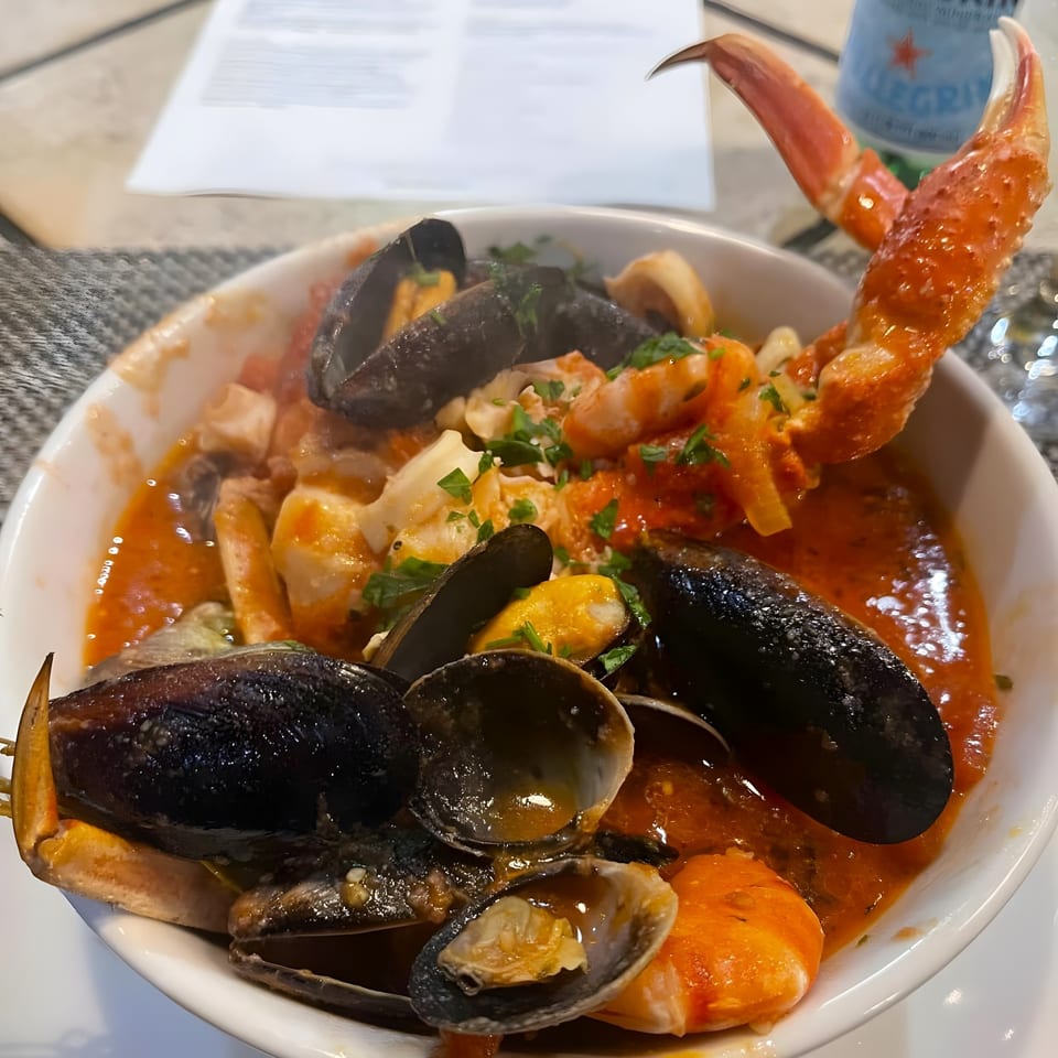 Randy's Bistro's seafood cioppino with mussels, clams, shrimp, and a crab leg in tomato broth.